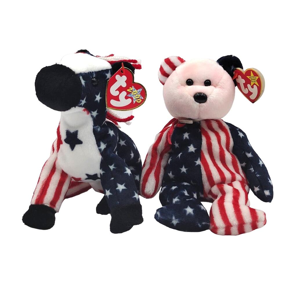 Ty Original Beanie Baby Lot Spangle & Lefty 2000 1999 Plush with Tags Democrat